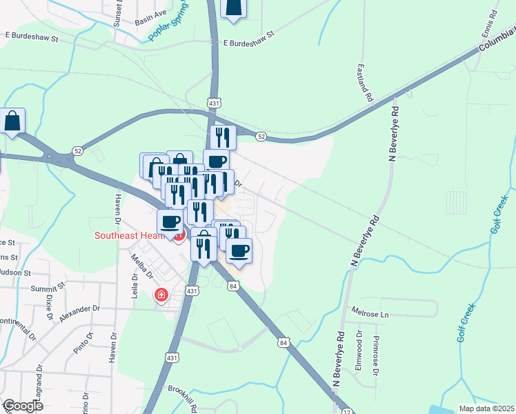 map of restaurants, bars, coffee shops, grocery stores, and more near Seniors Drive in Dothan