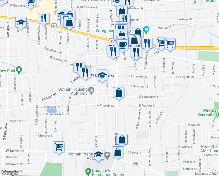 map of restaurants, bars, coffee shops, grocery stores, and more near 522 South Oates Street in Dothan