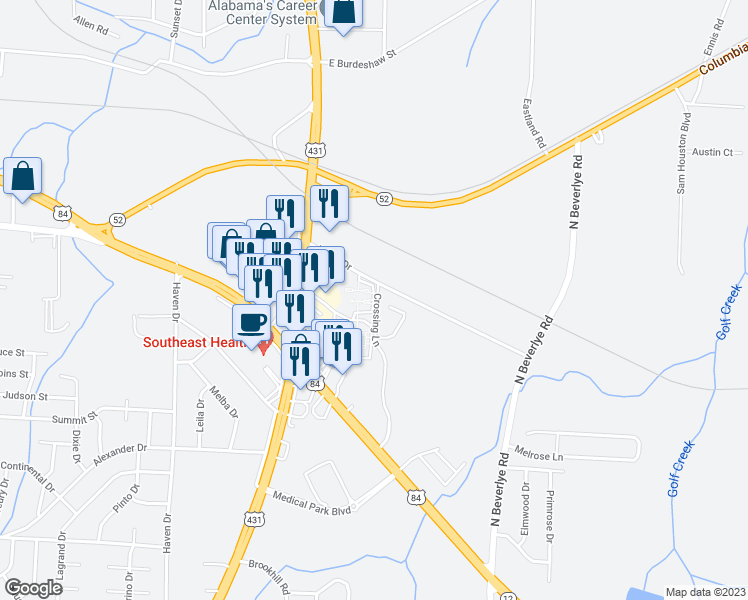 map of restaurants, bars, coffee shops, grocery stores, and more near Seniors Drive in Dothan