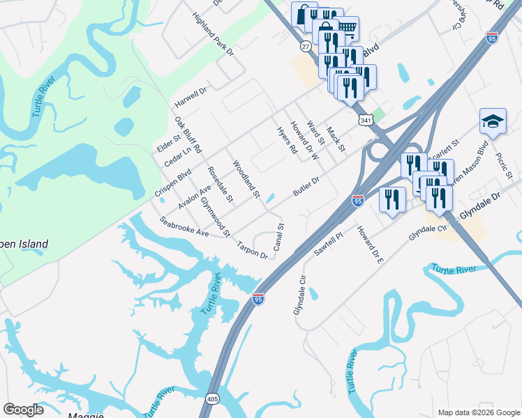 map of restaurants, bars, coffee shops, grocery stores, and more near 700 Butler Drive in Brunswick