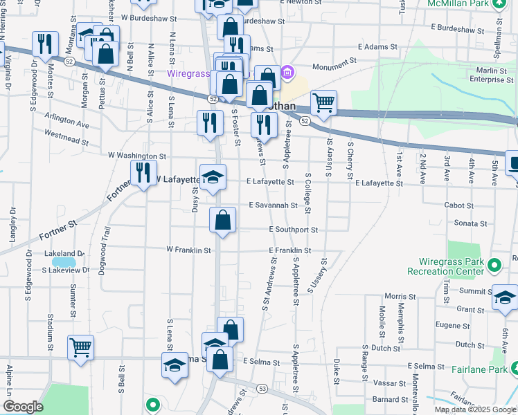 map of restaurants, bars, coffee shops, grocery stores, and more near 116 East Savannah Street in Dothan