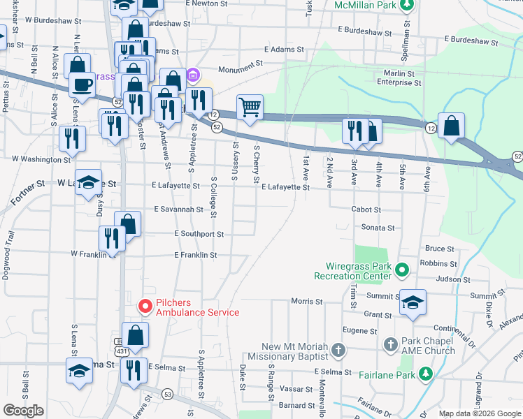 map of restaurants, bars, coffee shops, grocery stores, and more near 602 Collier Street in Dothan