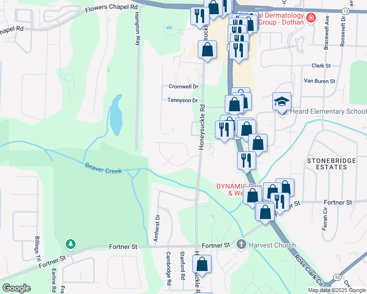 map of restaurants, bars, coffee shops, grocery stores, and more near 3205 Willow Creek Road in Dothan