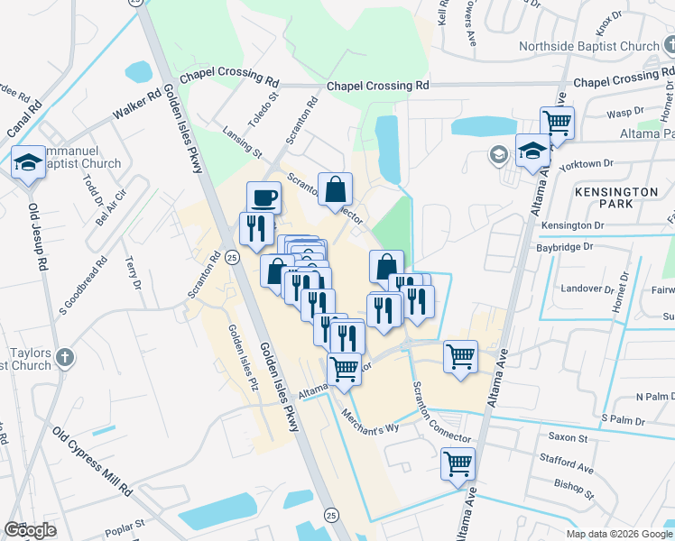 map of restaurants, bars, coffee shops, grocery stores, and more near 1 Mall Boulevard in Brunswick