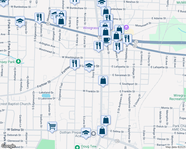 map of restaurants, bars, coffee shops, grocery stores, and more near 500 Dusy Street in Dothan