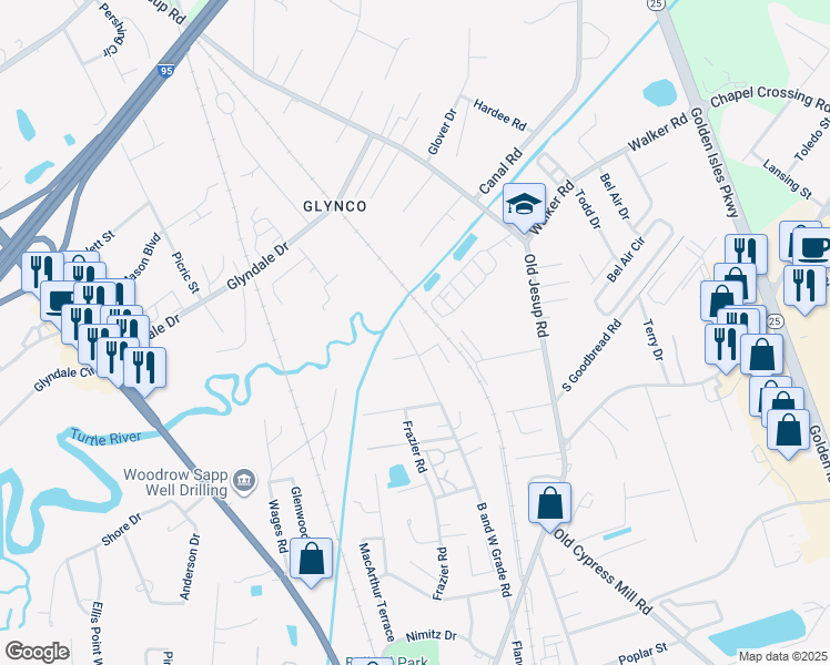 map of restaurants, bars, coffee shops, grocery stores, and more near 1244 B and W Grade Road in Brunswick