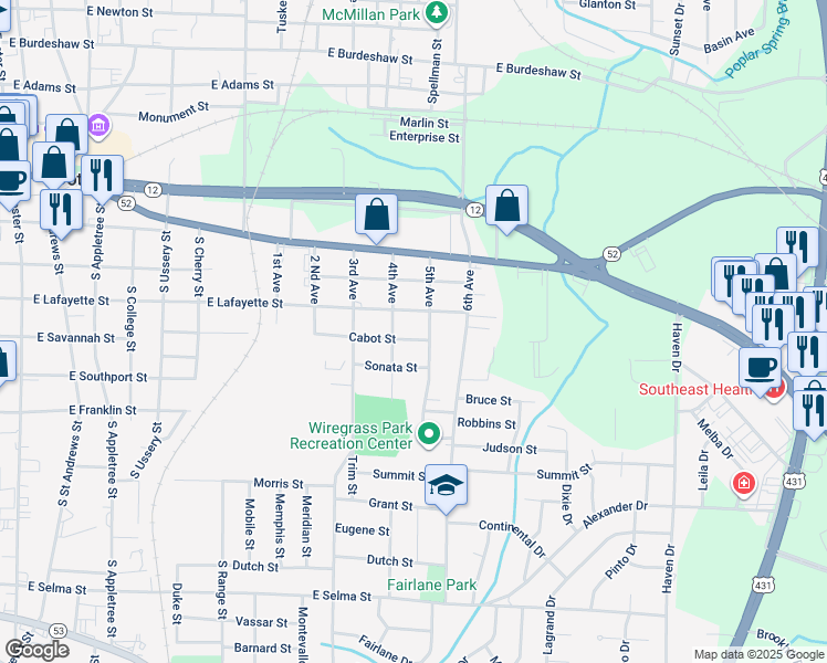 map of restaurants, bars, coffee shops, grocery stores, and more near 1100 Cabot Street in Dothan