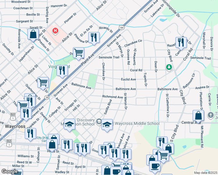 map of restaurants, bars, coffee shops, grocery stores, and more near 1114 Satilla Boulevard in Waycross
