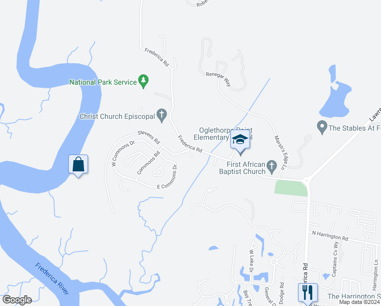map of restaurants, bars, coffee shops, grocery stores, and more near 101 Sunbury Court in Saint Simons Island