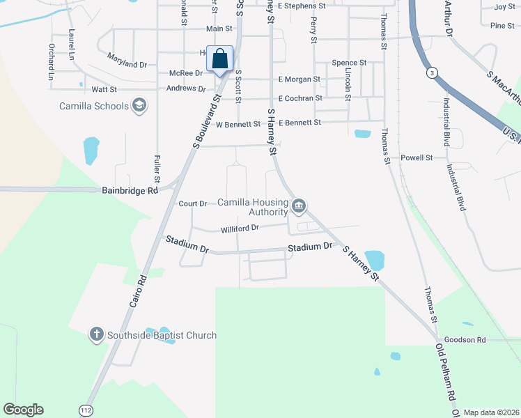map of restaurants, bars, coffee shops, grocery stores, and more near 47 Williford Drive in Camilla