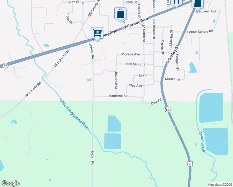 map of restaurants, bars, coffee shops, grocery stores, and more near 416 Hamilton Street in McComb