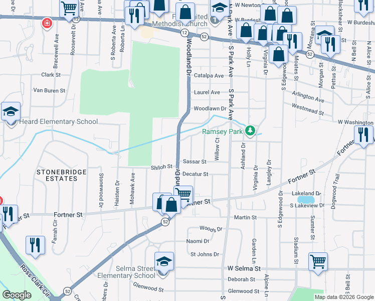map of restaurants, bars, coffee shops, grocery stores, and more near 704 Wisteria Court in Dothan