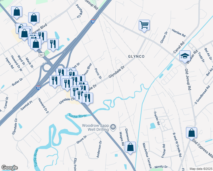 map of restaurants, bars, coffee shops, grocery stores, and more near 140 Riverside Road in Brunswick