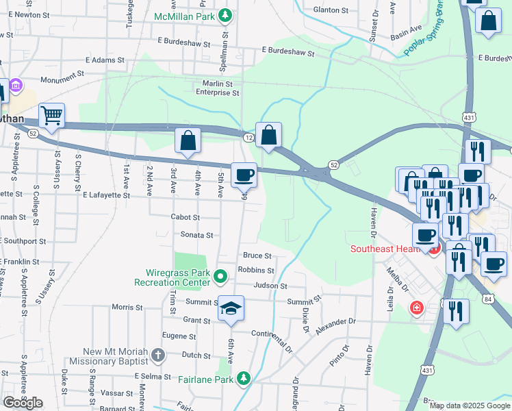 map of restaurants, bars, coffee shops, grocery stores, and more near 307 6th Avenue in Dothan
