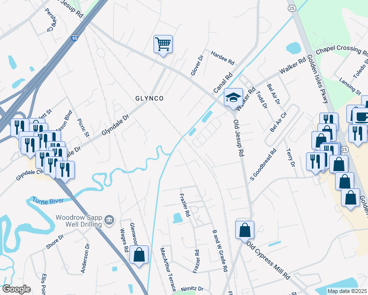 map of restaurants, bars, coffee shops, grocery stores, and more near 1244 B and W Grade Road in Brunswick