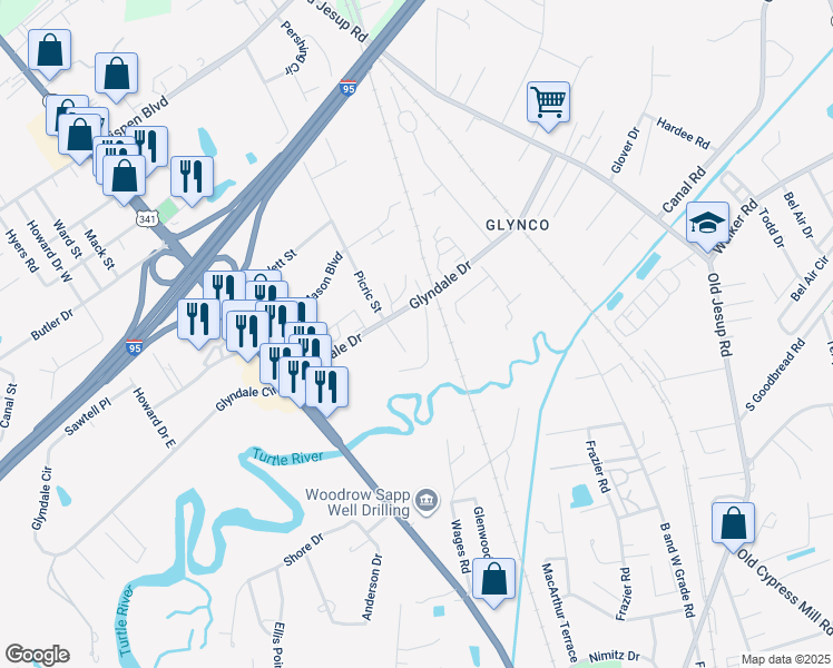 map of restaurants, bars, coffee shops, grocery stores, and more near 148 Glyndale Drive in Brunswick