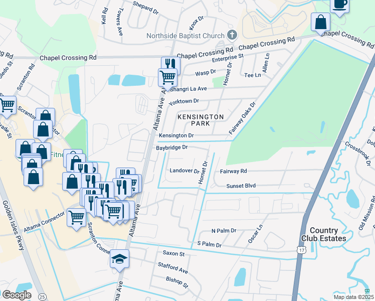 map of restaurants, bars, coffee shops, grocery stores, and more near 127 Baybridge Drive in Brunswick