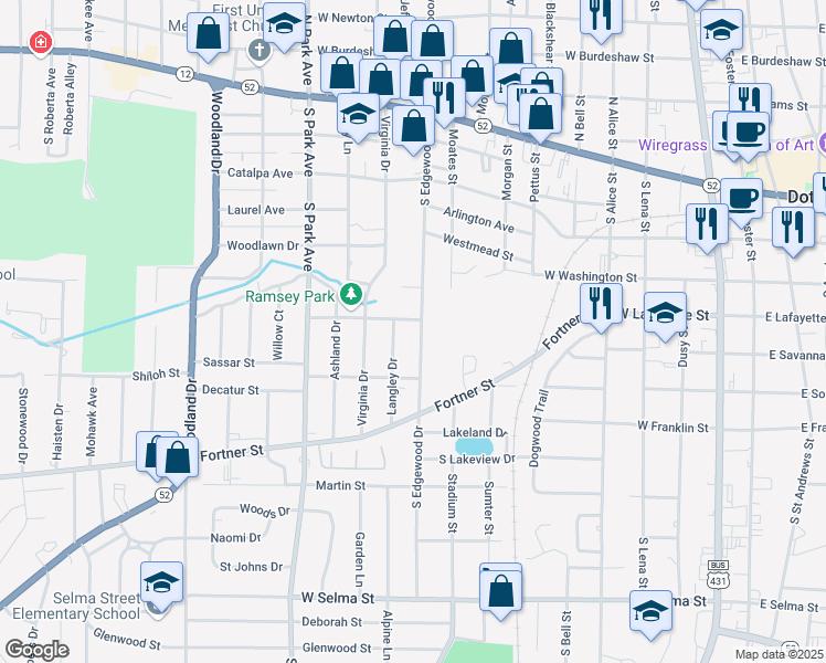 map of restaurants, bars, coffee shops, grocery stores, and more near 802 South Edgewood Drive in Dothan