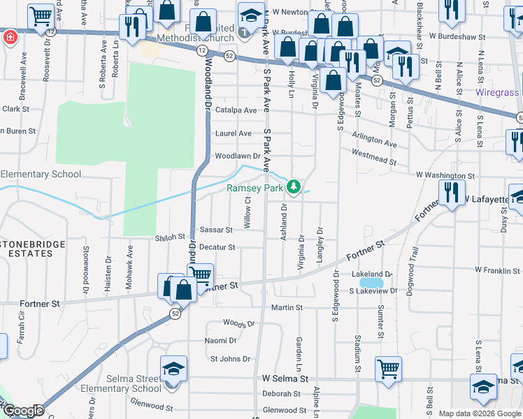 map of restaurants, bars, coffee shops, grocery stores, and more near 705 Willow Court in Dothan