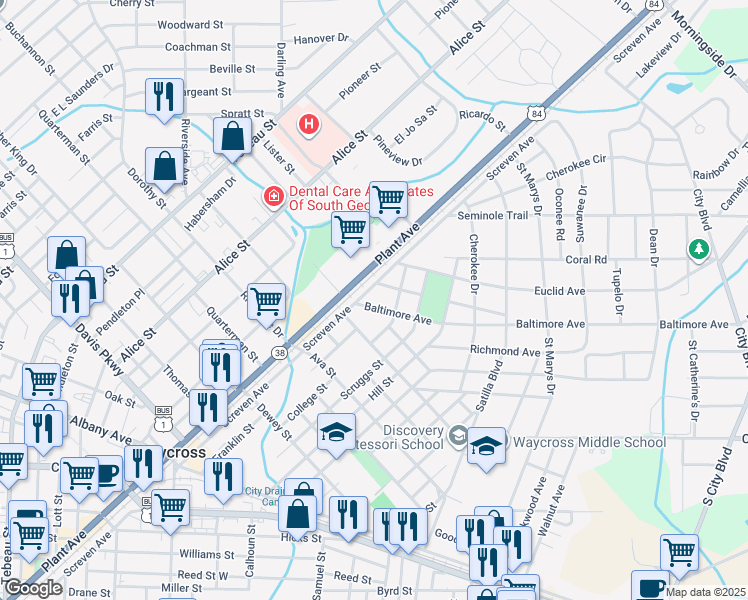 map of restaurants, bars, coffee shops, grocery stores, and more near 1206 Screven Avenue in Waycross