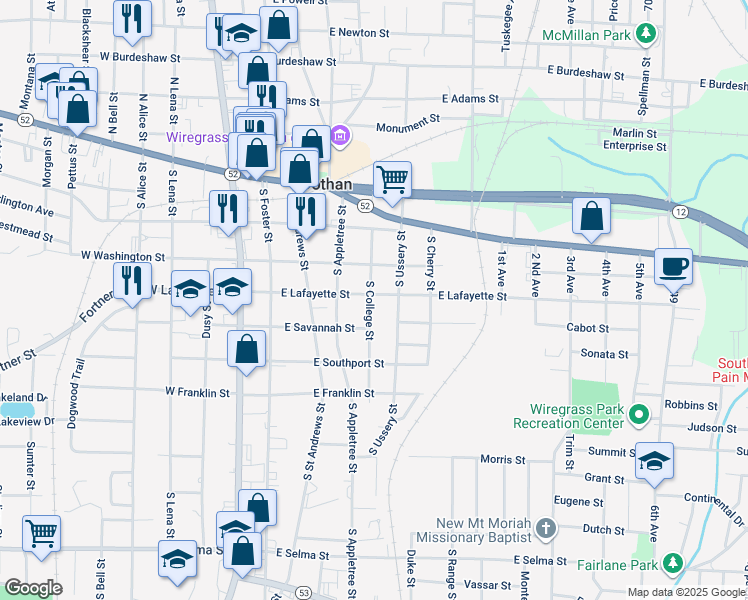map of restaurants, bars, coffee shops, grocery stores, and more near 306-398 South College Street in Dothan