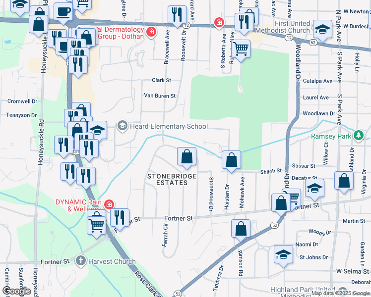 map of restaurants, bars, coffee shops, grocery stores, and more near 2110 Stonebridge Road in Dothan