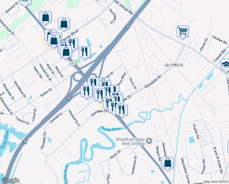 map of restaurants, bars, coffee shops, grocery stores, and more near 450 Warren Mason Boulevard in Brunswick