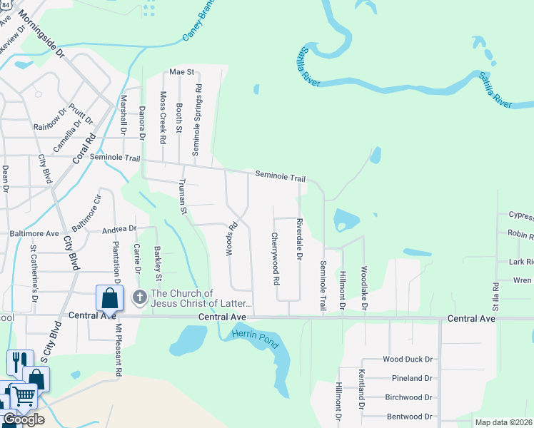 map of restaurants, bars, coffee shops, grocery stores, and more near 1230 Cherrywood Road in Waycross