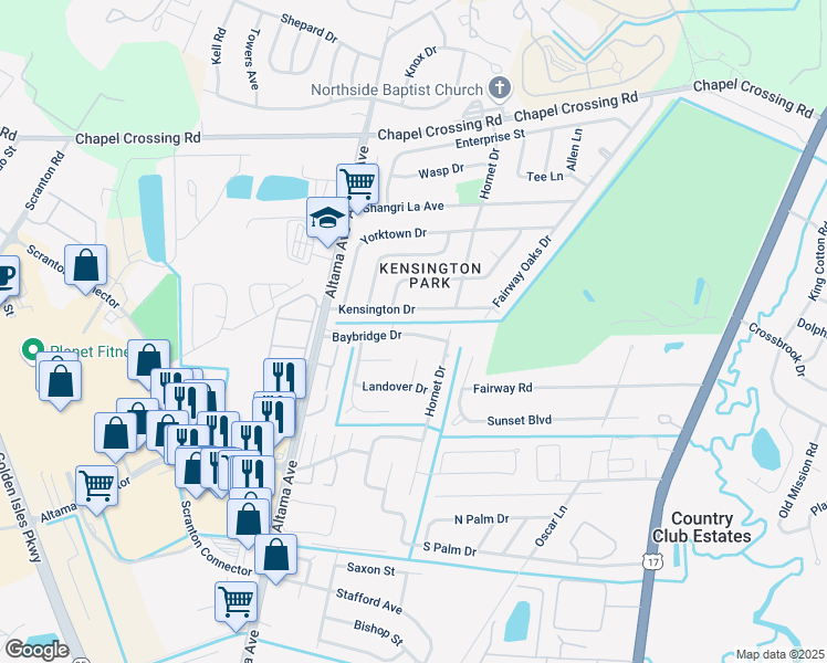 map of restaurants, bars, coffee shops, grocery stores, and more near 127 Baybridge Dr in Brunswick