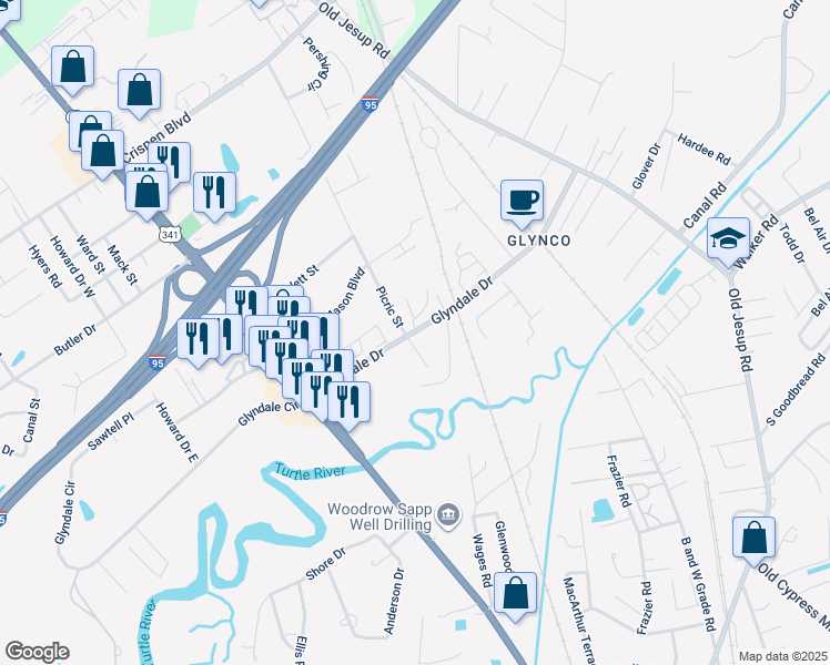 map of restaurants, bars, coffee shops, grocery stores, and more near 148 Glyndale Drive in Brunswick