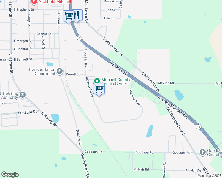 map of restaurants, bars, coffee shops, grocery stores, and more near Green Gable in Camilla