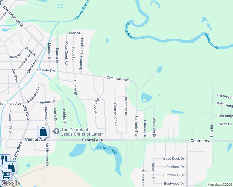 map of restaurants, bars, coffee shops, grocery stores, and more near 1230 Cherrywood Road in Waycross