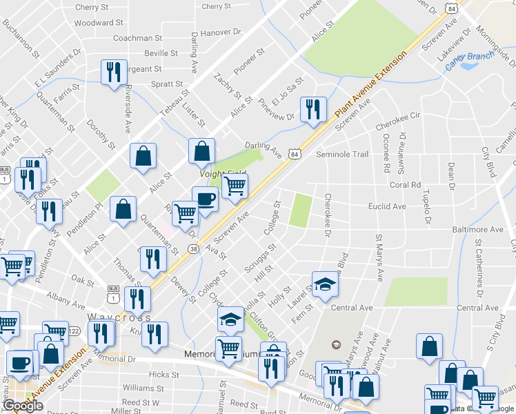 map of restaurants, bars, coffee shops, grocery stores, and more near 1206 Screven Avenue in Waycross
