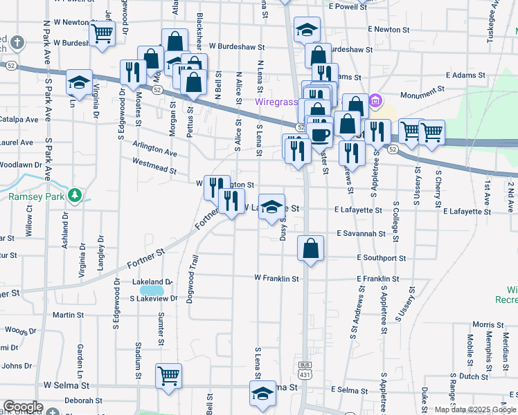 map of restaurants, bars, coffee shops, grocery stores, and more near 400 West Lafayette Street in Dothan