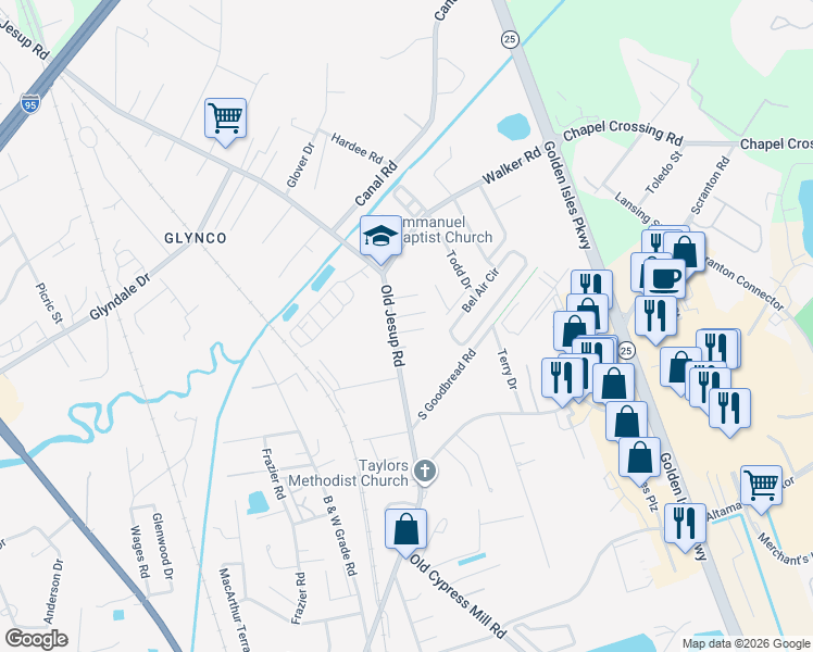 map of restaurants, bars, coffee shops, grocery stores, and more near 960 Old Jesup Road in Brunswick