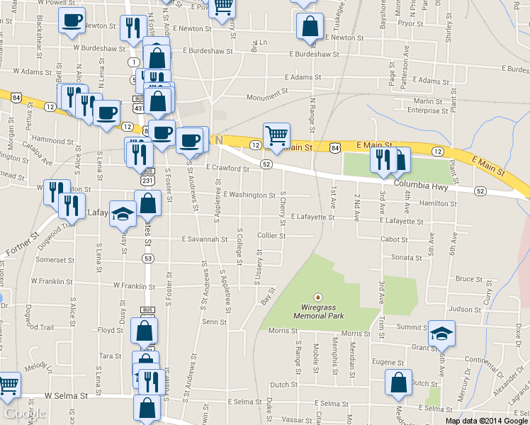map of restaurants, bars, coffee shops, grocery stores, and more near 309 South Ussery Street in Dothan