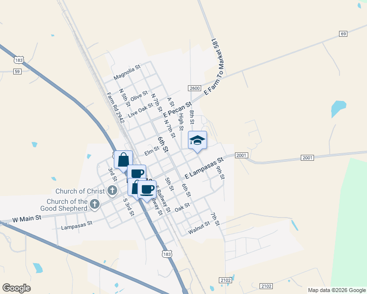 map of restaurants, bars, coffee shops, grocery stores, and more near 603 San Saba Street in Lometa