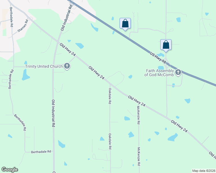 map of restaurants, bars, coffee shops, grocery stores, and more near 2159 Oakdale Rd in McComb