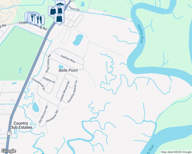 map of restaurants, bars, coffee shops, grocery stores, and more near 159 Belle Point Parkway in Brunswick