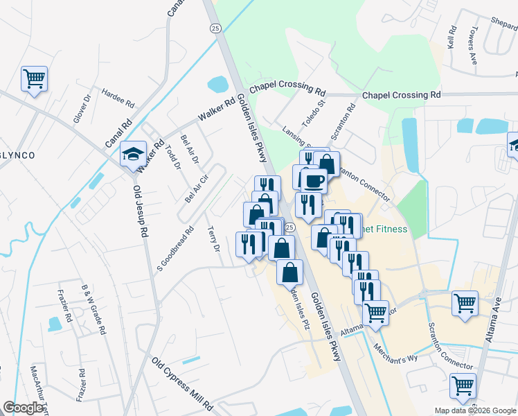 map of restaurants, bars, coffee shops, grocery stores, and more near 540 Powder Springs Street in Brunswick