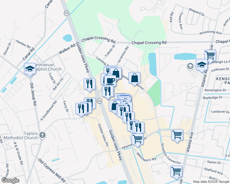 map of restaurants, bars, coffee shops, grocery stores, and more near 1 Mall Boulevard in Brunswick