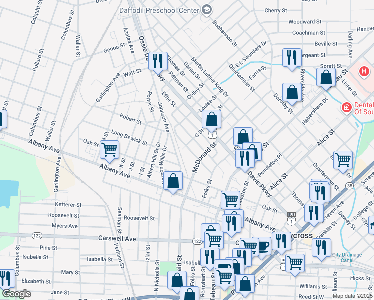 map of restaurants, bars, coffee shops, grocery stores, and more near 825 Arnold McKinney Drive in Waycross