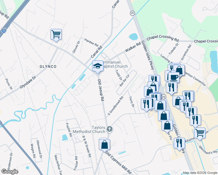 map of restaurants, bars, coffee shops, grocery stores, and more near 960 Old Jesup Road in Brunswick
