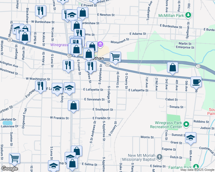 map of restaurants, bars, coffee shops, grocery stores, and more near 306 South College Street in Dothan