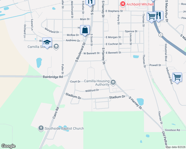 map of restaurants, bars, coffee shops, grocery stores, and more near 374 East Camellia Drive in Camilla