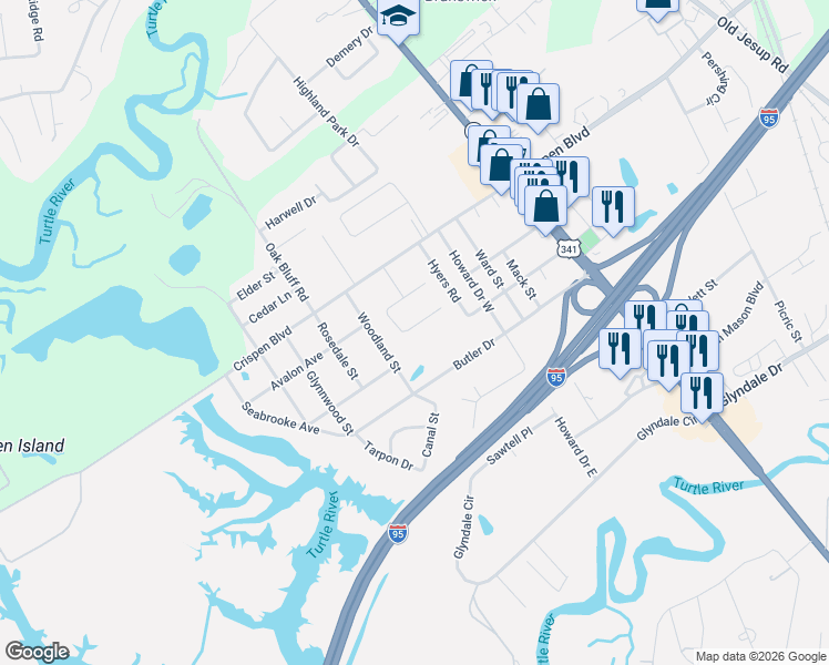 map of restaurants, bars, coffee shops, grocery stores, and more near 223 Glen Meadows Circle in Brunswick