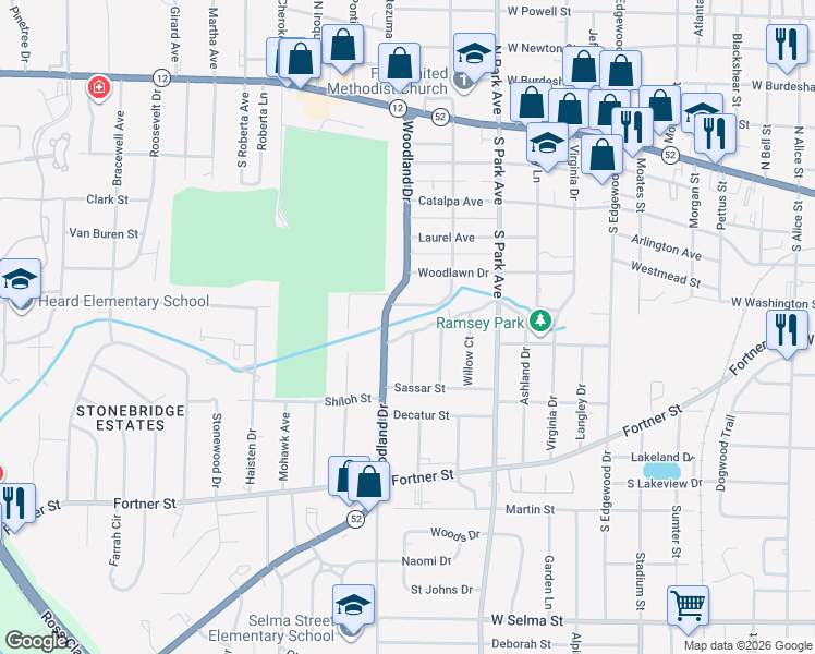 map of restaurants, bars, coffee shops, grocery stores, and more near 401 Winding Road in Dothan