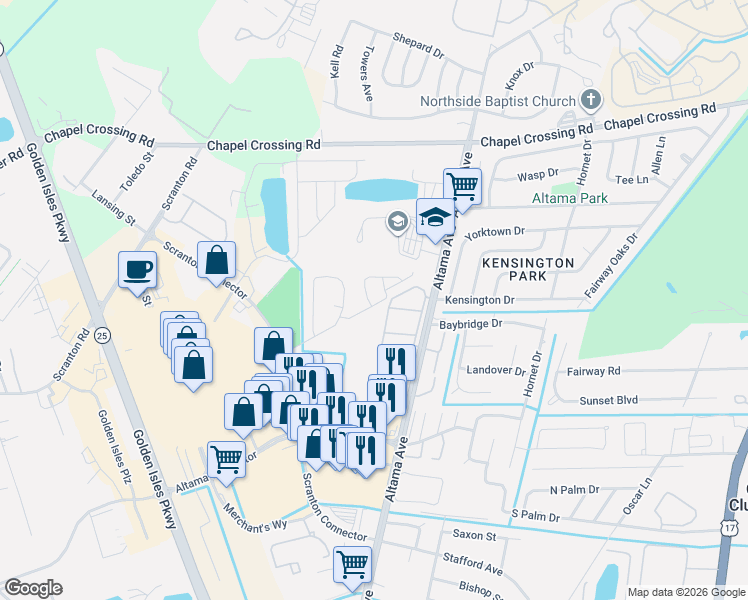 map of restaurants, bars, coffee shops, grocery stores, and more near 500 Waterstone Circle in Brunswick