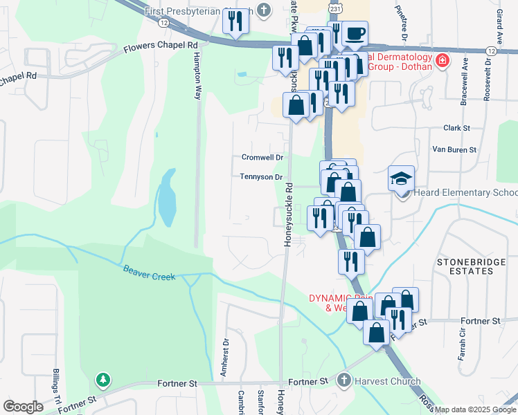 map of restaurants, bars, coffee shops, grocery stores, and more near 718 Honeysuckle Rd in Dothan