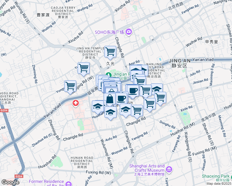 map of restaurants, bars, coffee shops, grocery stores, and more near Huashan Road in Shanghai